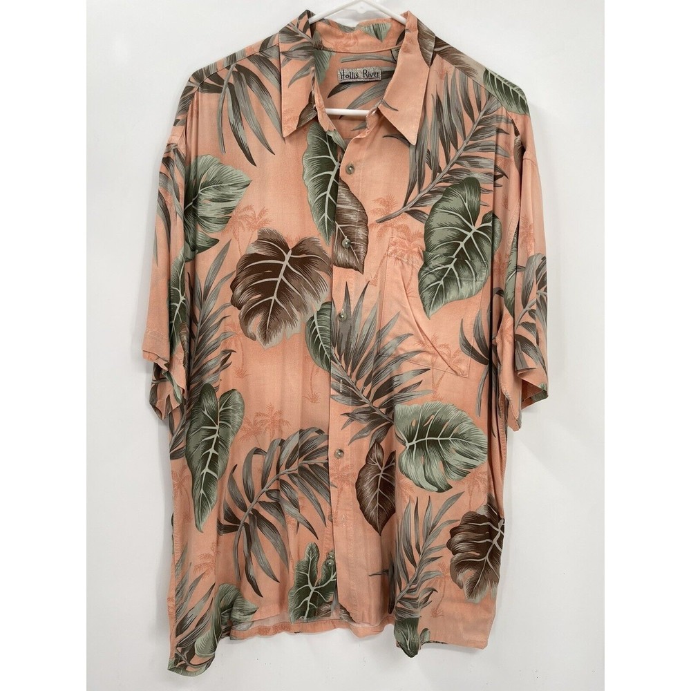 Hollis‎ River Mens Tropical Leaf Print Short Sleeve Button Up Shirt XL Peach